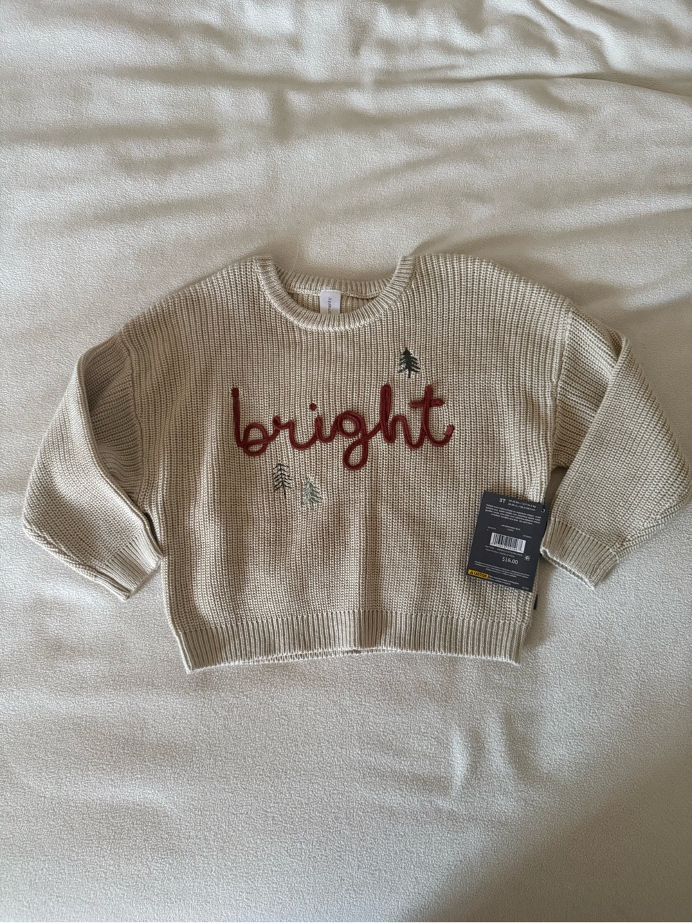Kids Cream Knit Sweater with Red 'bright' Embroidery